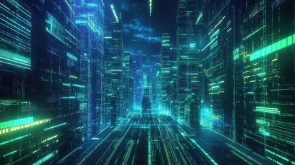 Futuristic Digital Background with Blue and Green Lights and Flowing Data Lines in Urban Cityscape. AI generated illustration