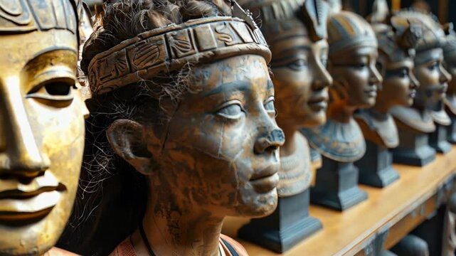 A row of ancient Egyptian pharaoh busts displayed in a museum, showcasing detailed craftsmanship and rich historical significance, reflecting the grandeur of ancient Egypt.