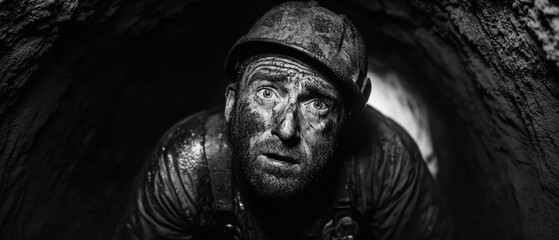 Black and white image of a miner emerging from a dark tunnel, dirt-covered face, pitch-black background