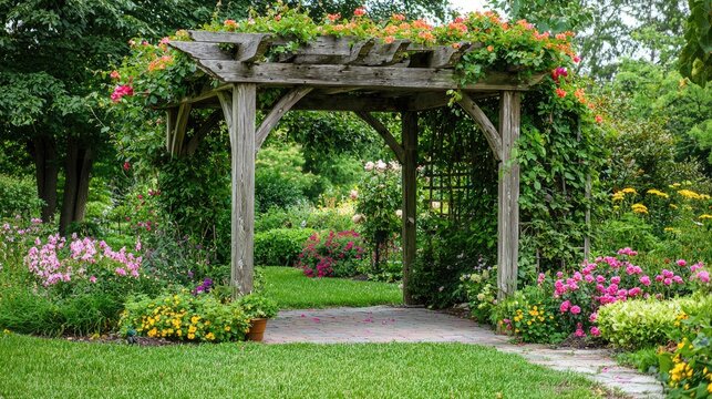 A charming garden arbor covered with blooming flowers and lush greenery, creating a picturesque outdoor retreat.