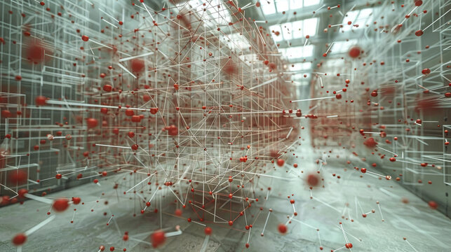 The image features a chaotic scene with elements of blockchain technology and augmented reality, creating a unique visual experience.