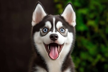 Fototapeta premium Funny Siberian Husky making a face of surprise, captured in a photo where the dogâ€™s eyes are wide, and its mouth is open in a funny expression