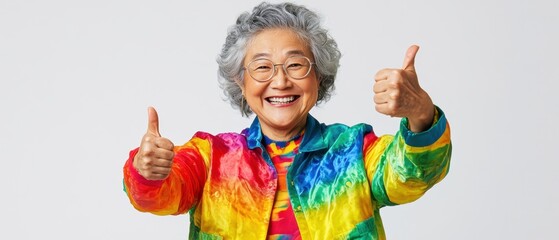 Joyful senior Asian person in colorful LGBTQ+ clothing giving thumbs up against a pure white backdrop, embodying a sense of pride and celebration with vivid and engaging attire