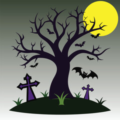 Halloween tree in graveyard with bat illustration