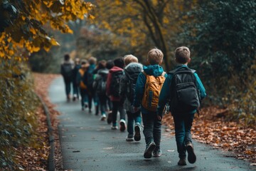 School children walking to school with their backpacks.