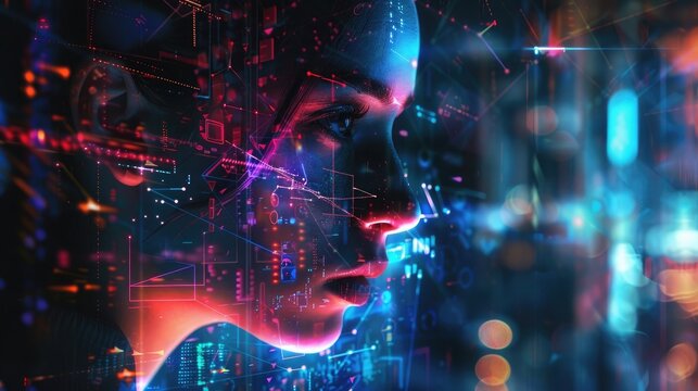 Cyberpunk portrait of a woman, her face a canvas for projected digital geometries