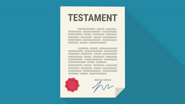 Animation of a testament falling from the top to the center on blue background with long shadow in flat design style