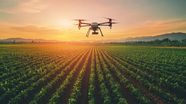 Smart farming with advanced AI drones overseeing vast fields of crops, highlighting precision agriculture and data analysis