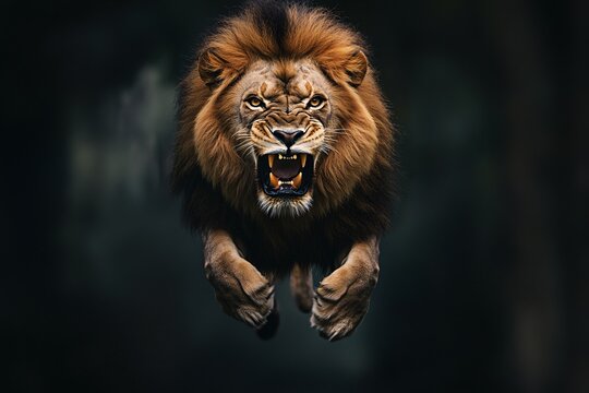 An angry lion with an open mouth. expression of anger. Portrait of a big male lion with open mouth on a dark background.