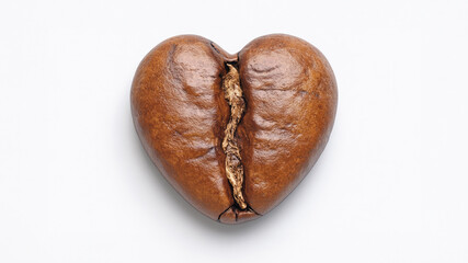 Heart-shaped coffee bean on a white background. Love for coffee and minimalistic design concept.