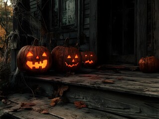 Creepy Jack o  Lanterns Adorning a Dilapidated Porch with Haunting Atmosphere