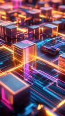 Abstract technology background with glowing lines connecting blocks