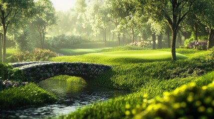 A lush golf course with a blurred bridge crossing a small stream, emphasizing the course tranquil setting