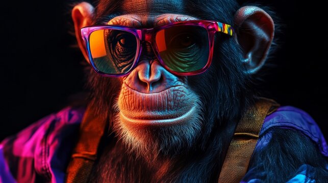 Cool funky monkey wearing sunglasses and colorful clothes posing