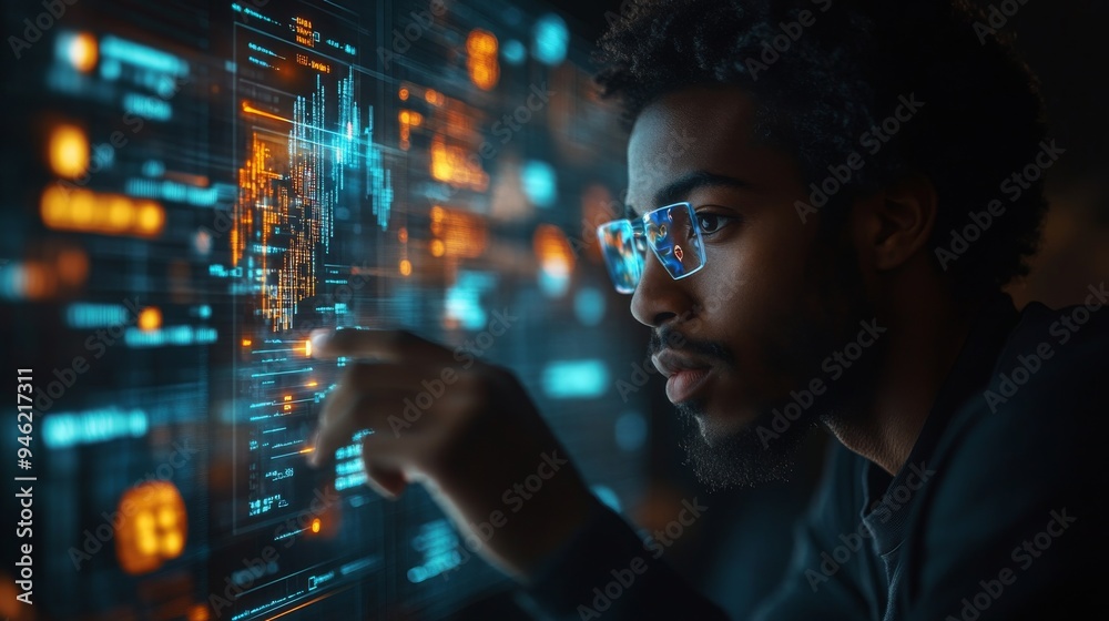 Poster a focused individual interacts with a holographic interface displaying data analytics and metrics in