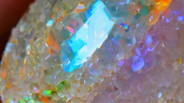 Opal gemstone displaying vibrant shifting colors as it moves closeup