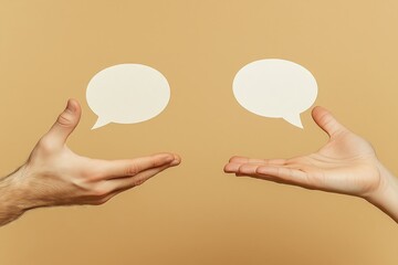 Two human hands extend toward each other against a neutral background, conveying the importance of communication through empty speech bubbles.