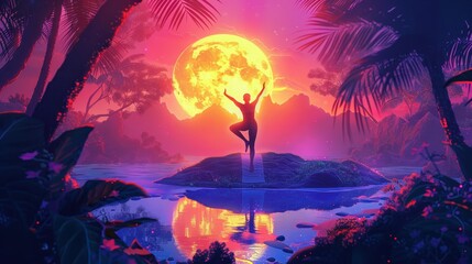 Person practicing yoga at sunset on a tropical island, surrounded by vibrant colors and a glowing sun in the background.