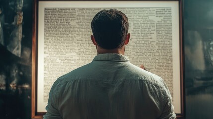 Fototapeta premium A man examining a large frame with an inspirational quote, emphasizing motivation and positivity