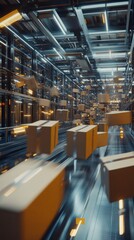 Naklejka premium Packages moving fast on conveyor belts in a distribution warehouse