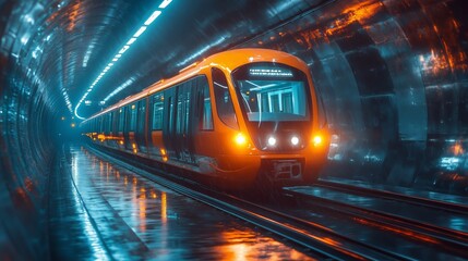 Fototapeta premium A modern metro train stopped at an empty underground station. The photo emphasises the novelty and efficiency of urban public transport