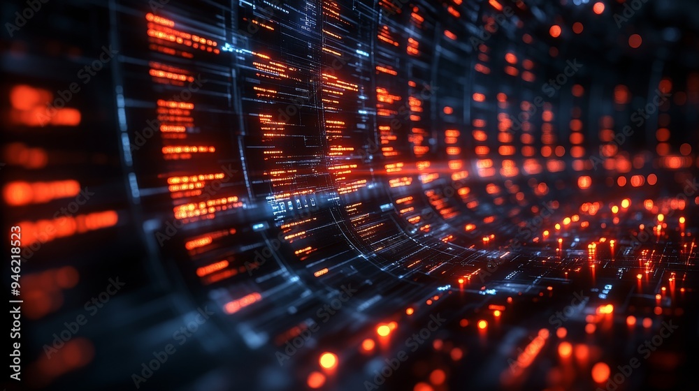Poster a dynamic holographic interface displays corporate data visually, enabling effective management and 
