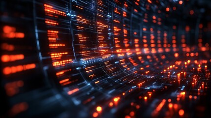 A dynamic holographic interface displays corporate data visually, enabling effective management and analysis in a high-tech setting.