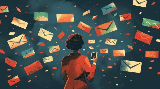 Person surrounded by flying envelopes using mobile device, representing digital communication and email overload.