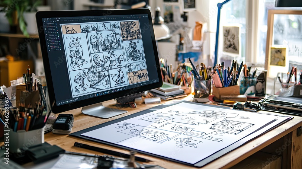 Wall mural a creative workspace with a drawing tablet and storyboard sketches for an animation project