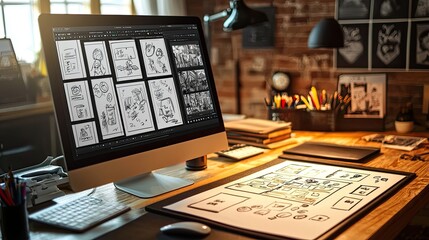 A creative workspace with a drawing tablet and storyboard sketches for an animation project