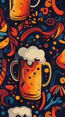 Beer mugs overflowing with foamy delight in seamless pattern design