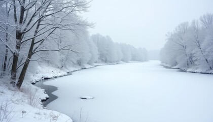  Wintry serenity  A frozen river under a blanket of snow