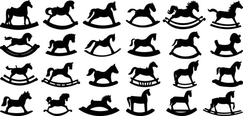 Set of 24 item rocking horse silhouette vector illustration