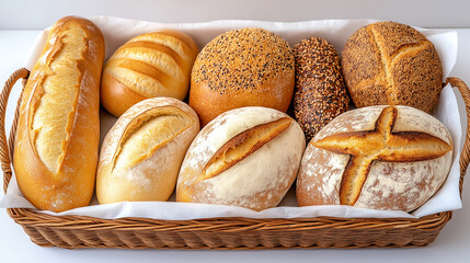 The bread is golden, soft and delicious, A variety of different breads are packed in a basket, real photography, super detail, baking and cooking, photo shoot, hyper-real details.