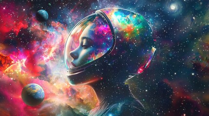 A beautiful girl with an open face helmet, floating in space with a colorful galaxy of stars and planets around her