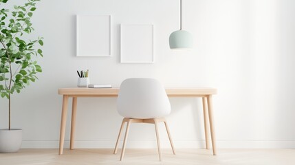 Minimalist home office with a sleek desk, a modern chair, and a wall filled with motivational posters.