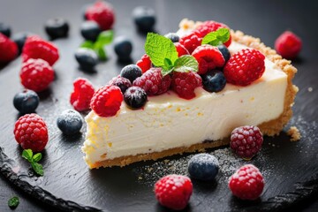 A slice of creamy cheesecake topped with fresh berries and mint leaves