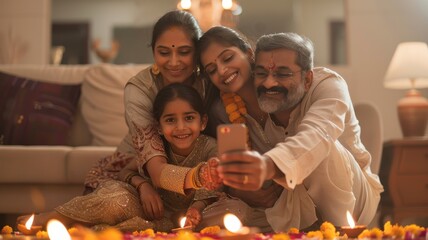 Fototapeta premium Happy Family Taking Selfie During Diwali Celebrations..