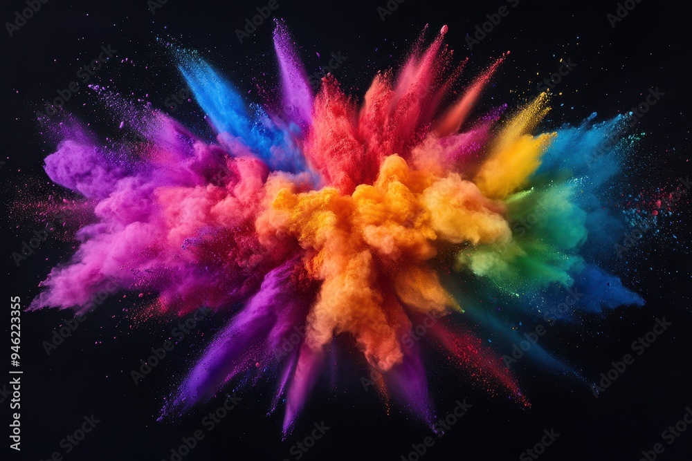 Poster vivid explosion of colorful powder on a black background, showcasing an array of vibrant hues in a d