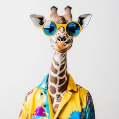 Giraffe wearing sunglasses and hawaiian shirt posing on white background