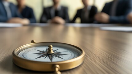 Business team gathered around a large compass on a conference table, discussing various strategic paths for company growth