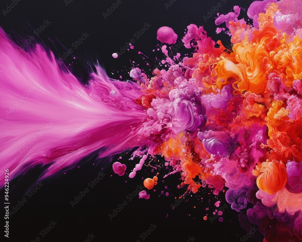 Poster vibrant explosion of colorful paint on black background, creating a dynamic abstract art bursting wi