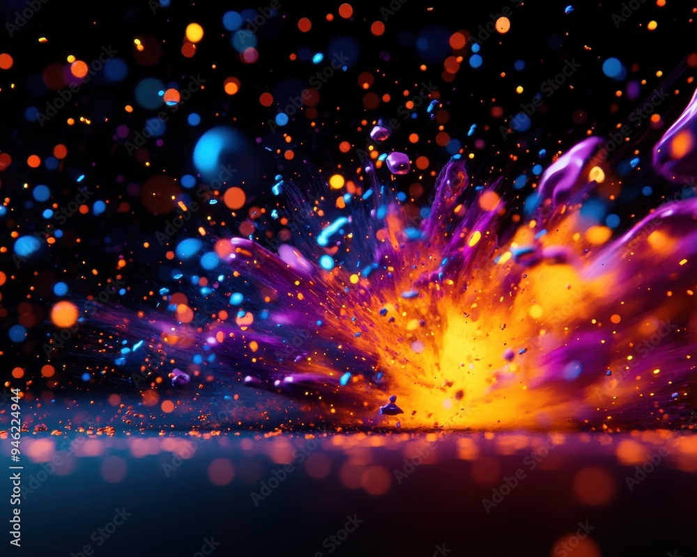 Poster Vibrant explosion of colorful abstract particles in motion on a dark background, creating a dynamic and energetic visual display.