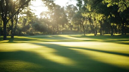 Fototapeta premium A serene golf course with lush green fairways, blurred trees in the background, and morning sunlight casting long shadows