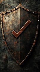 Fototapeta premium A decorative shield is displayed prominently, featuring a bronze checkmark against a weathered, dark surface, conveying strength and assurance