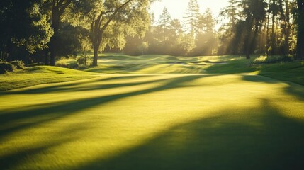 Obraz premium A serene golf course with lush green fairways, blurred trees in the background, and morning sunlight casting long shadows