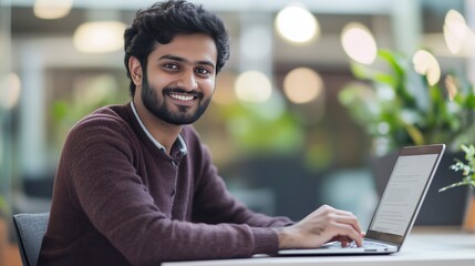 A smiling man working on a laptop in a modern office environment.