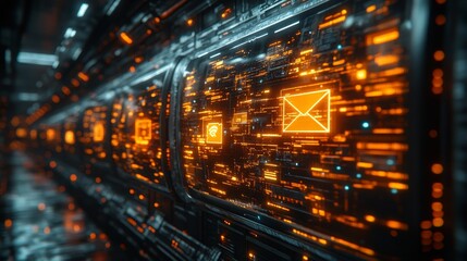 The holographic display showcases vibrant email notifications and intuitive controls in a sleek, advanced digital workspace.