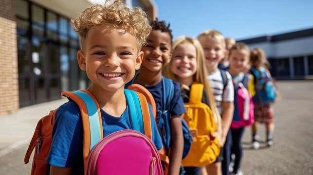 Happy Kids with Backpacks Standing in Line Outside School