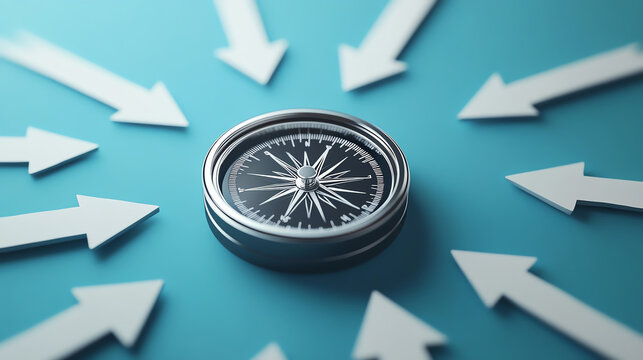 A compass surrounded by arrows pointing in various directions, illustrating the complexity of choosing the right path